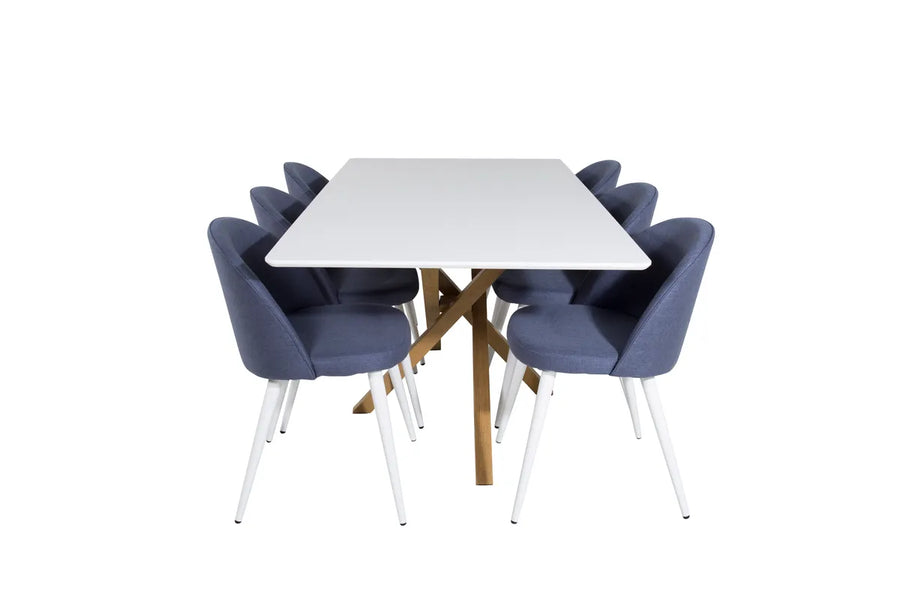 Spisestol Velvet & Piazza 2-pakk blå + Rektangulært spisebord 180 x 90 – blå og hvit