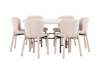 Spisegruppe rund ⌀140 med 2-pakk spisestoler – hvitvasket og beige