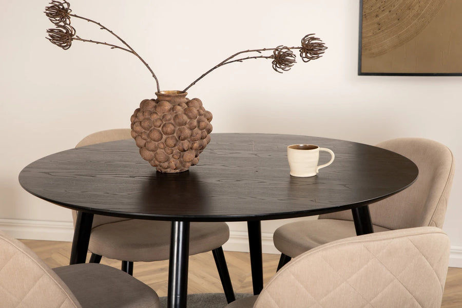 Spisegruppe Dipp & Velvet Rund ⌀115 + spisestol 2-pakk – svart og beige