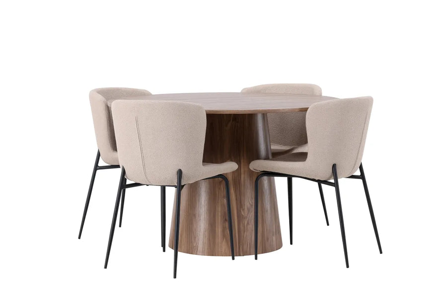 Spisestol Modesto & Lanzo 2-pakk + Rundt spisebord ⌀120 – beige og natur