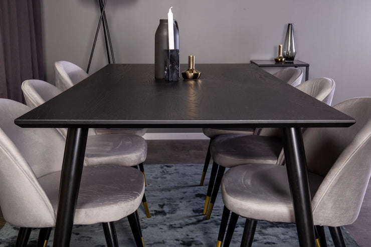 Spisegruppe Dipp & Velvet 180 x 90 + 2-pakk spisestoler – svart og grå
