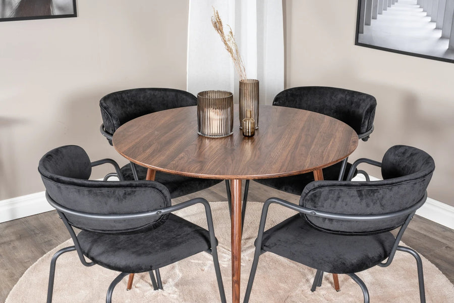 Spisestol Arrow & Plaza 2-pakk + Spisebord rundt ⌀100 – svart og valnøtt
