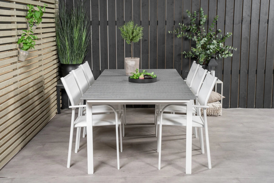 Spisebord Levels & Santorini rektangulært 229 × 100 + spisestol 2-pakk – hvit