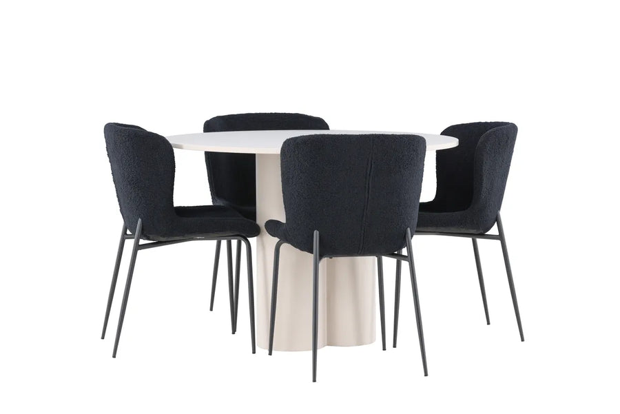 Spisestol Modesto & Olivia 2-pakk + Spisebord rundt ⌀110 – svart og beige