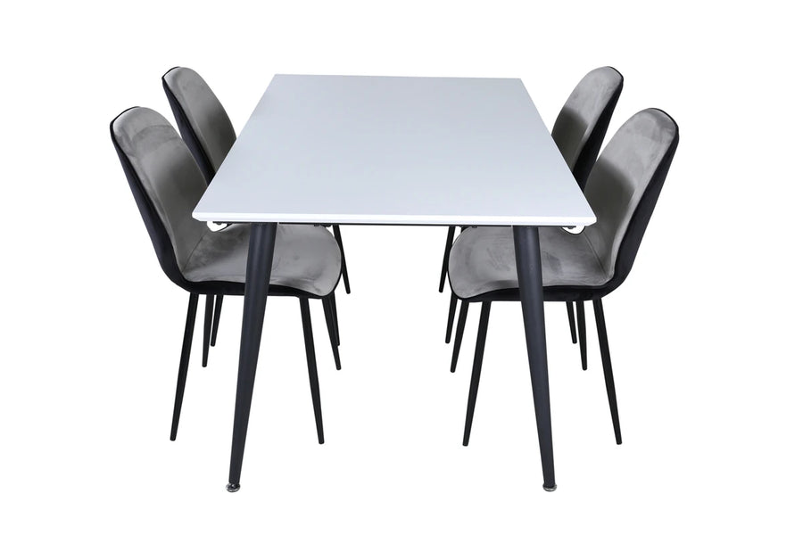 Spisestol Emma & Jimmy 2-pakk og rektangulært spisebord 150 x 90 – grå og hvit