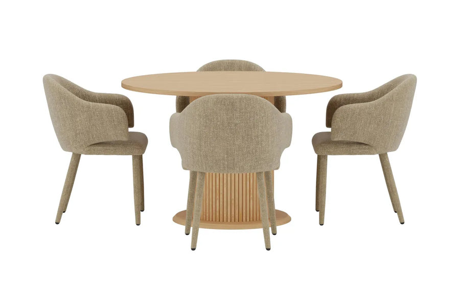 Spisestol Evelin & Reko 2-pakk – beige + Spisebord rundt Ø120 – natur