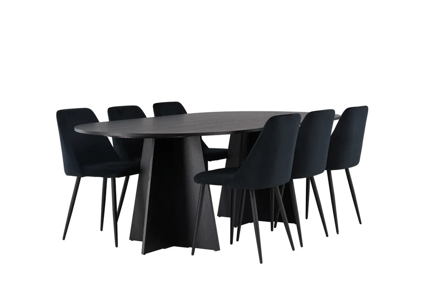 Spisegruppe oval 230 x 115 + 2-pakk spisestol – svart