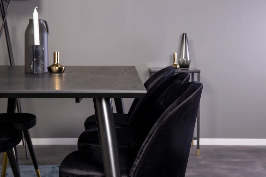 Spisegruppe Dipp & Velvet 180 x 90 + 2-pakk spisestol – svart