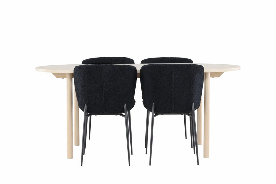 Spisegruppe oval 180 x 90 + spisestol 2-pakk – hvitvasket og svart