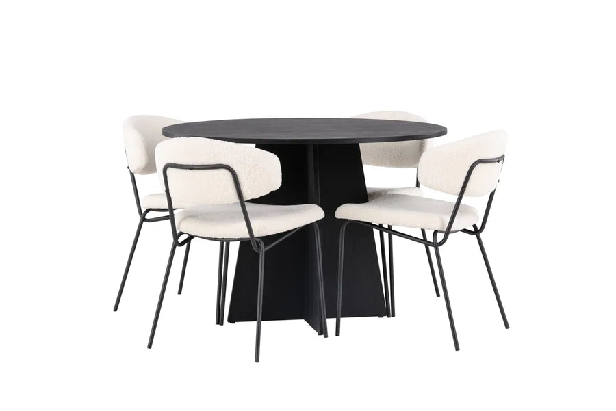Spisebord Bootcut & Chico rundt ⌀110 + spisestol 2-pakk – svart og hvit