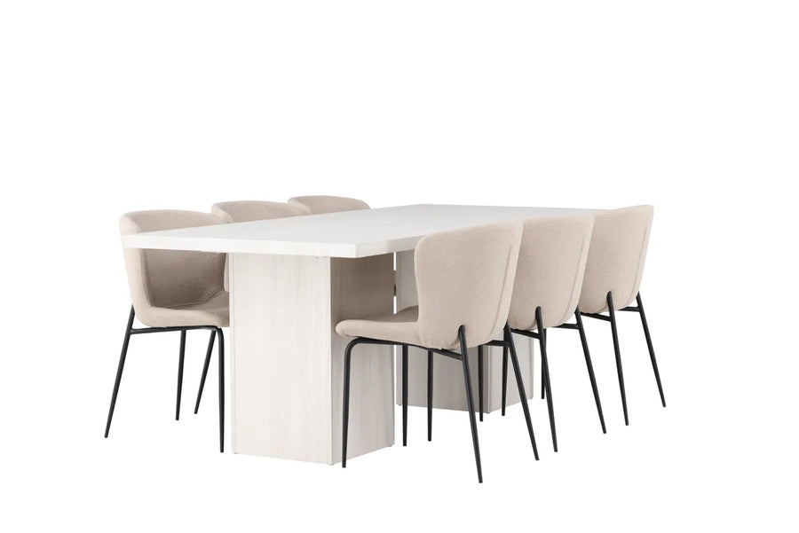Spisestol Modesto & Olga 2-pakk + Spisebord rektangulært 200 x 90 – beige og hvit