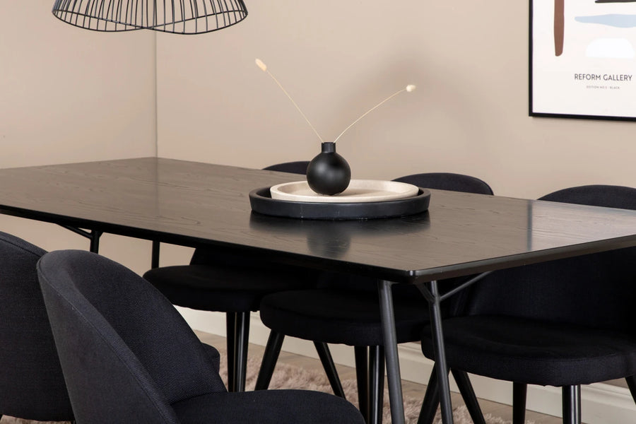 Spisegruppe Petra & Velvet rektangulært spisebord 190 x 90 + 2-pakk spisestoler – svart