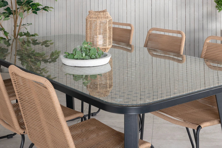 Spisegruppe Paola & Lindos 200 × 100 + spisestol 2-pakk – svart og brun