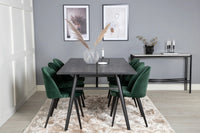 Spisegruppe Sleek & Velvet rektangulært 195 x 95 + 2-pakk spisestoler – svart og grønn