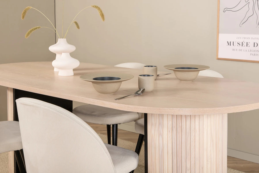 Spisebord ovalt 200 x 90 + Spisestol 2-pakk – hvitvasket og krem