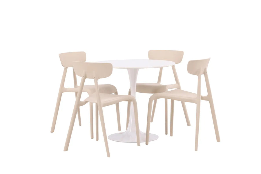 Spisestol Ursholmen & Hamden 2-pakk + Spisebord rundt ⌀80 – beige og hvit