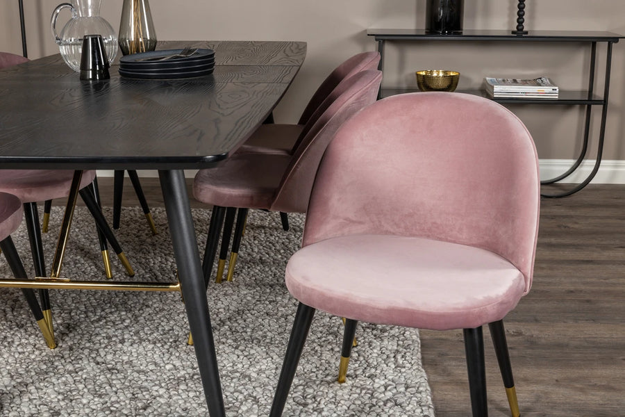 Spisegruppe Gold & Velvet 180 x 85 + spisestol 2-pakk – svart og støvet rosa