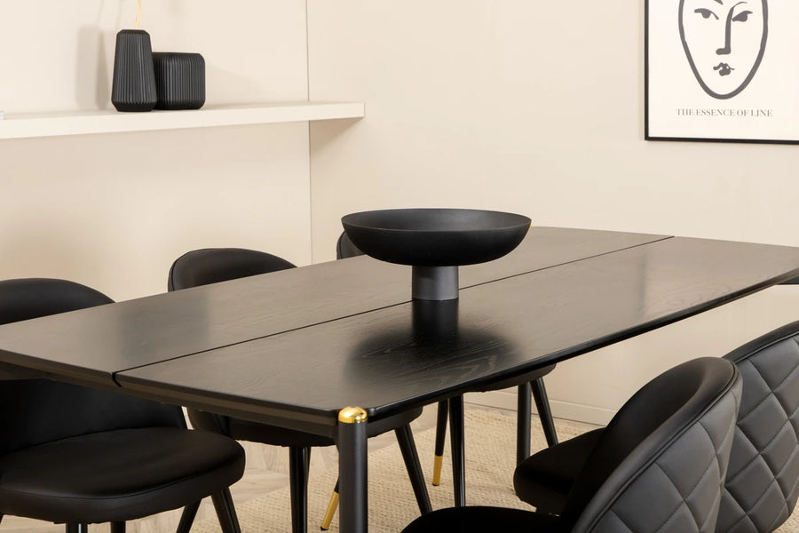 Spisegruppe Pelle & Velvet rektangulær 190 x 90 + 2-pakk spisestoler – svart