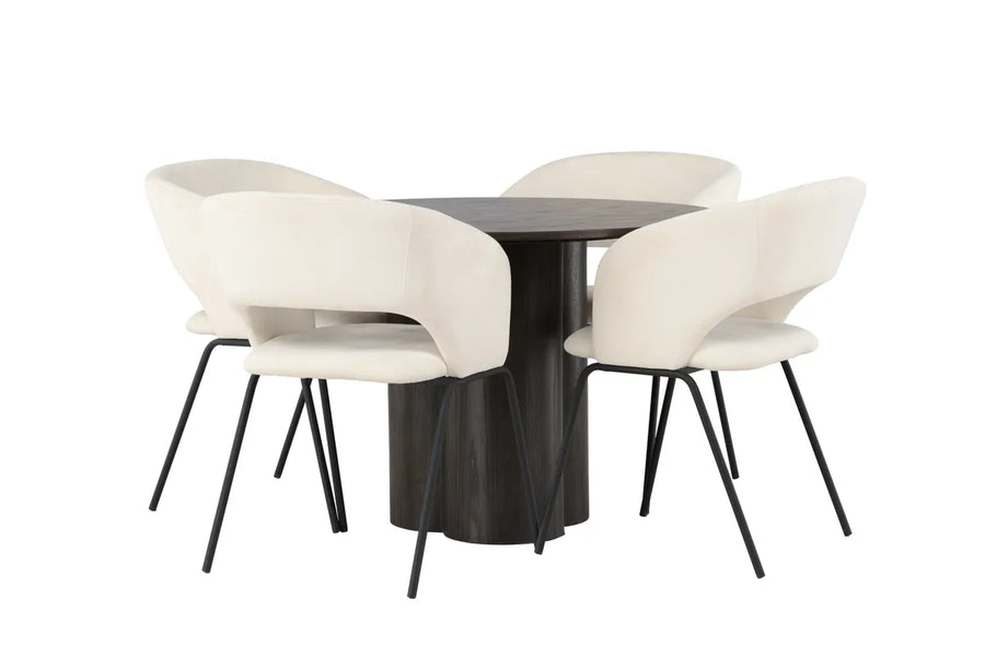 Spisegruppe rund ⌀110 + 2-pakk spisestoler – mocca og offwhite