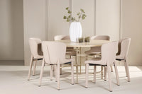 Spisegruppe rund ⌀140 med 2-pakk spisestoler – hvitvasket og beige