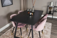 Spisestol Velvet & Inca 2-pakk + rektangulært spisebord 160 x 85 – støvrosa og svart