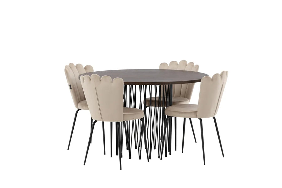 Spisestol Limhamn & Stone 2-pakk + Rundt spisebord ⌀120 – beige og mokka