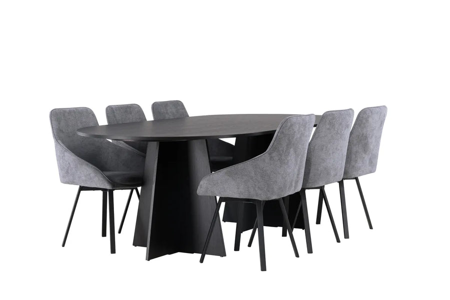 Spisegruppe Bootcut & Rosie Oval 230 x 115 med 2-pakk spisestoler – svart og grå