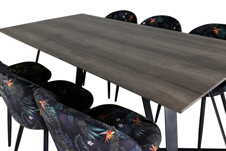 Spisestol Velvet & Marina 2-pakk – svart + rektangulært spisebord 180 x 90 – natur