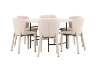 Spisegruppe rund ⌀140 med 2-pakk spisestoler – hvitvasket og beige