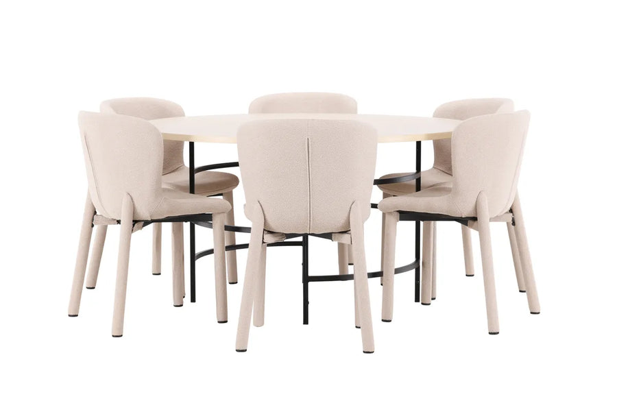 Spisegruppe rund ⌀140 med 2-pakk spisestoler – hvitvasket og beige