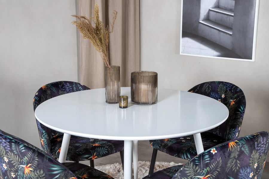 Spisegruppe Plaza & Velvet rund ⌀100 + 2-pakk – hvit og svart