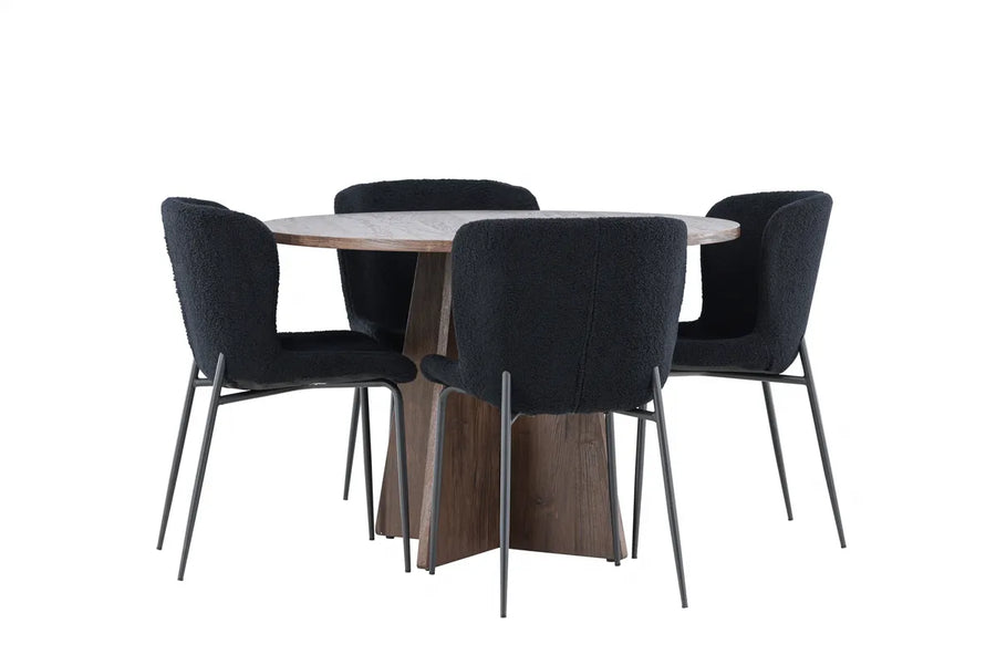 Spisegruppe Bootcut & Modesto rund ⌀110 + 2-pakk spisestol – mokka og svart