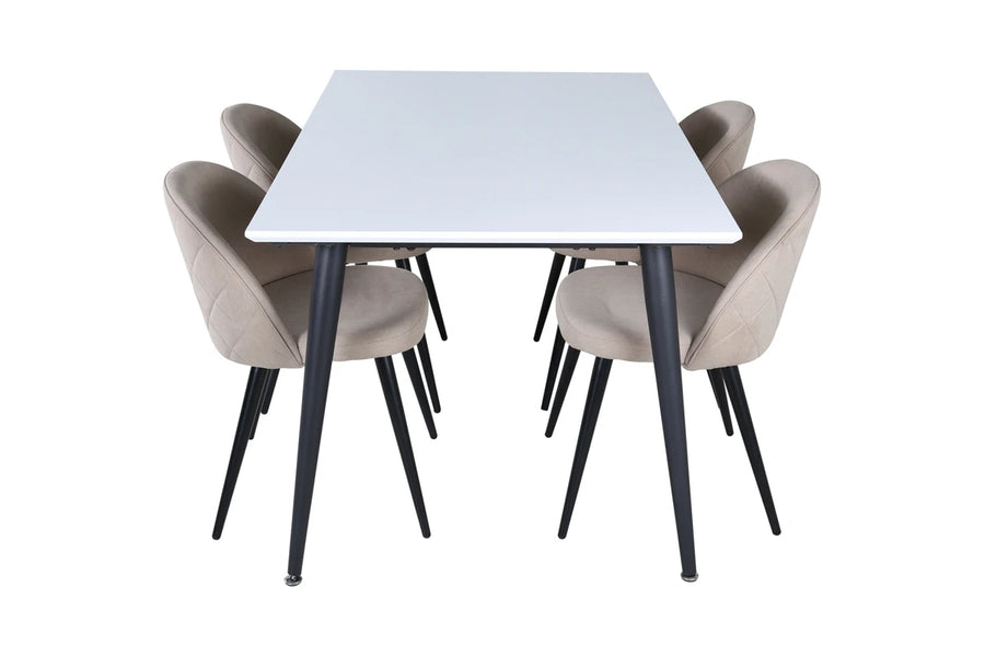 Spisegruppe Jimmy & Velvet rektangulær 150 x 90 + 2-pakk spisestol – hvit og beige