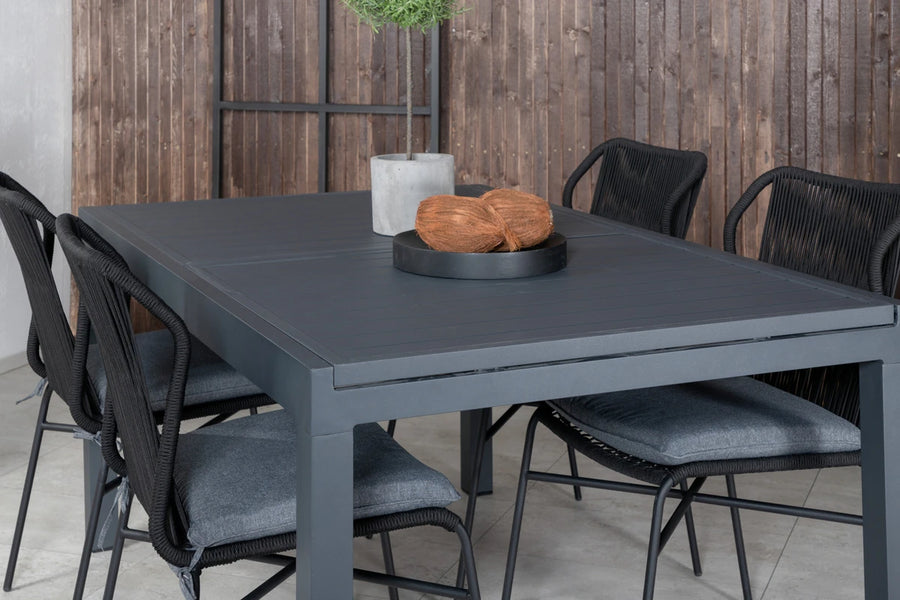 Spisegruppe Julian & Marbella 4-pakk + rektangulært spisebord 160 x 100 – svart