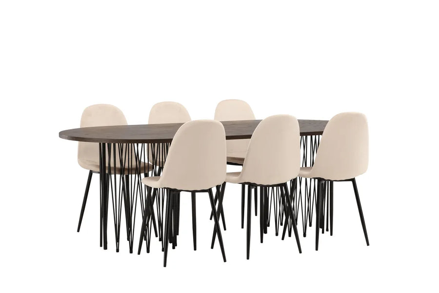 Spisestol 2-pakk + Spisebord ovalt 220 x 100 – beige og mokka